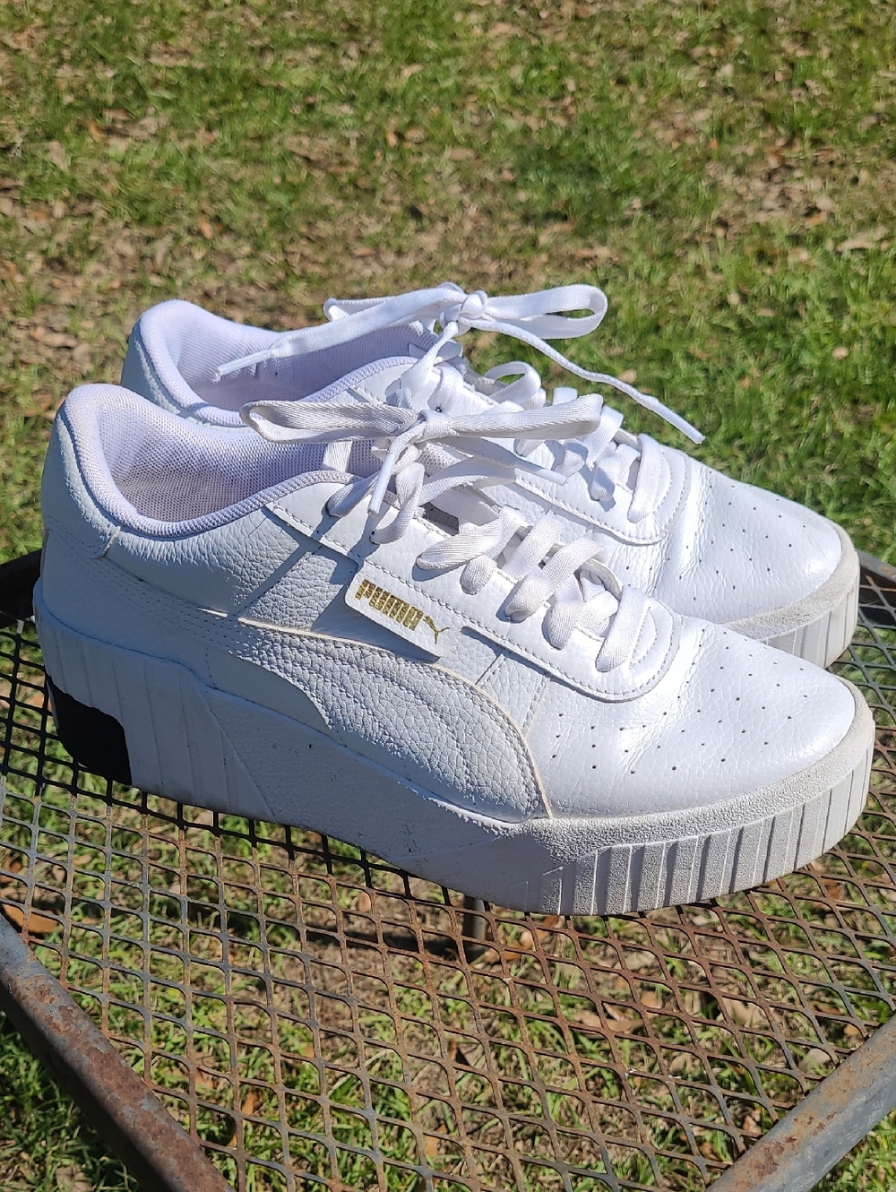 Puma White Platform Lace-Up Sneakers with Gold Accents Size 10